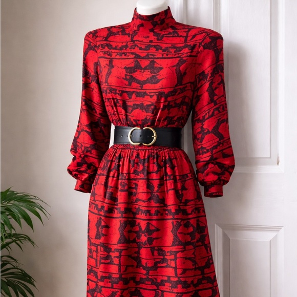 Vintage 80s Red Black Geometric Dress Shoulder Pads Size 8 - Picture 9 of 9